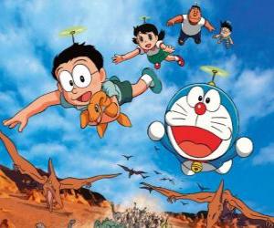 yapboz arkadaşları Nobita, Shizuka, Suneo ve Takeshi ile kedi Doraemon